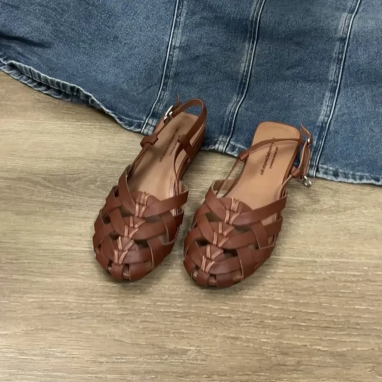 Dannyfrey小众度假罗马风透气百搭女款外穿编织镂空包头凉鞋子