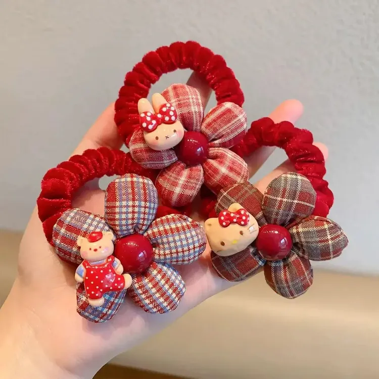 红色格纹花朵发圈儿童秋冬植绒扎发绳可爱卡通丸子头皮筋女童发饰商品图