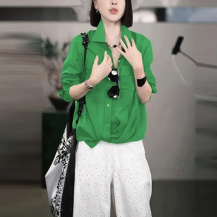 7023高级感轻奢绿色时尚衬衫秋季新款宽松百搭气质小众长袖上衣