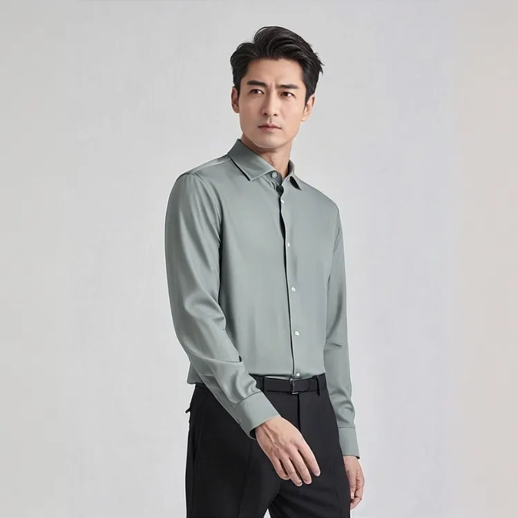 日本原单棉氨纶净色秋季男士长袖衬衫