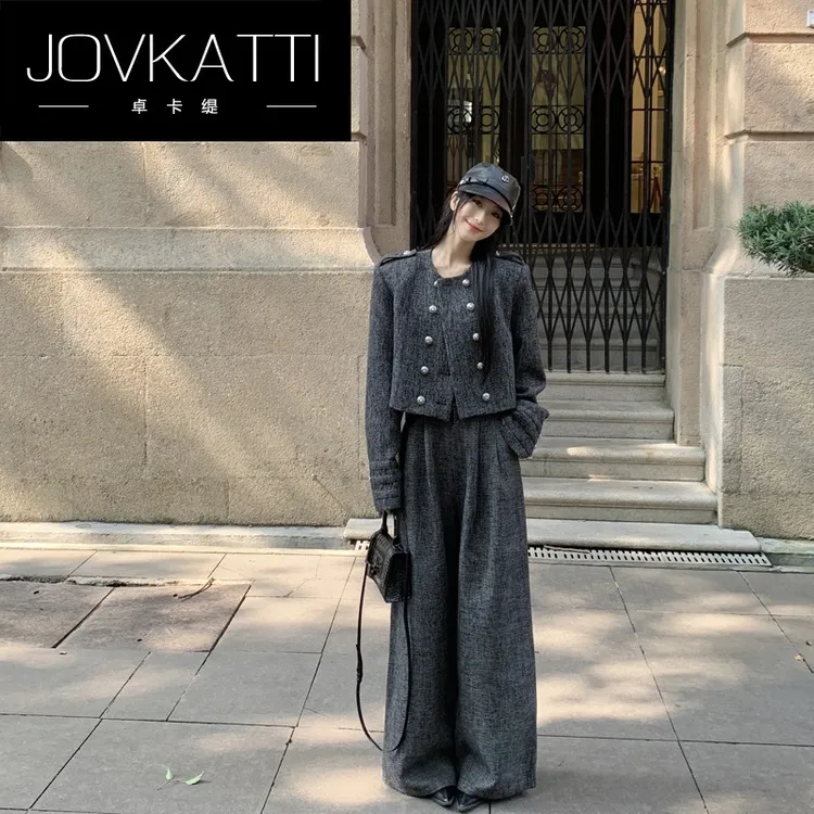 复古灰色时尚休闲套装中国上衣直筒黑色盘扣女装禅意仙气飘飘