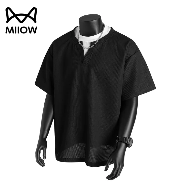 猫人假两件美式短袖t恤男夏季薄款2025新款宽松休闲半袖体恤男生