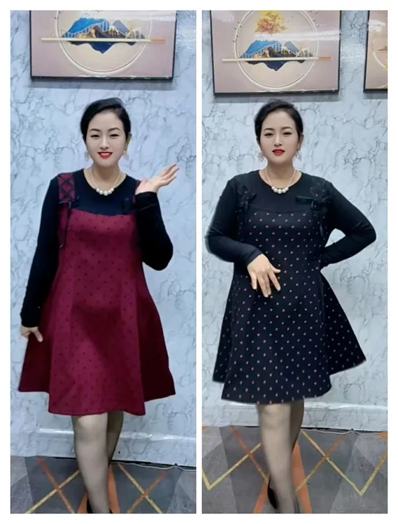 秋冬波点拼接假两件蝴蝶结设计大码连衣裙显瘦洋气女装