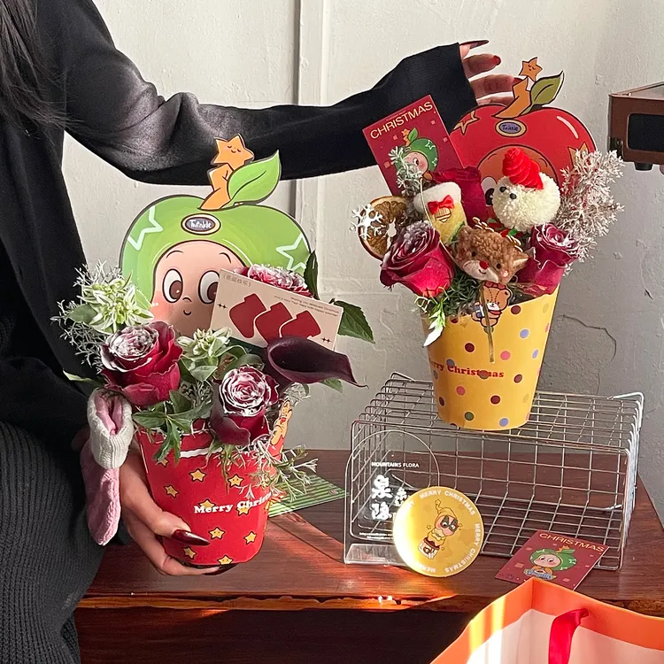 直播【圣诞新品】圆形礼盒苹果花束包装盒鲜花插花盒diy礼物礼品礼盒