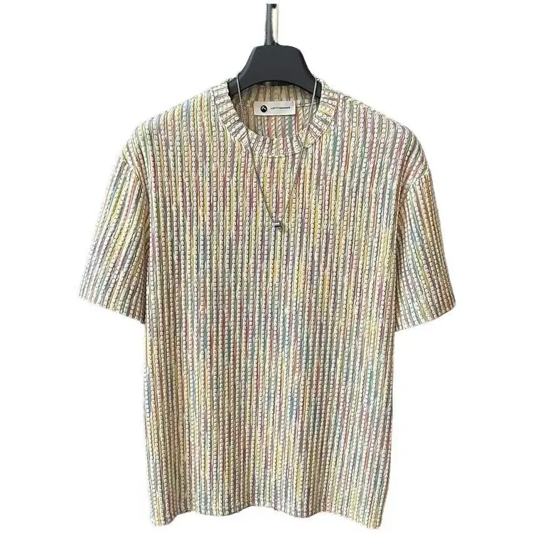 2025夏季新款爆款夏季老钱风提花彩虹肌理冰感轻奢圆领短袖T恤男