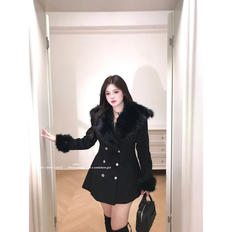 SWEET【黑道千金】微胖富家千金气质掐腰加厚毛领妮子显瘦外套冬