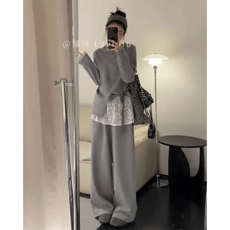 早春季高级穿搭一整套女2026设计感圆领针织蕾丝拼接休闲裤两件套