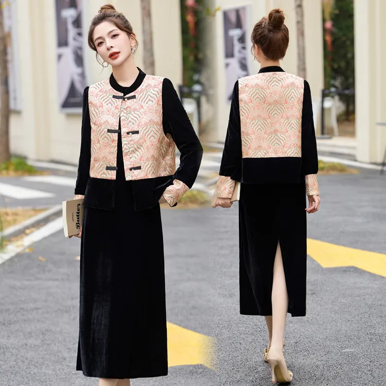 新中式国风提花马甲套装女2025春季新款洋气减龄丝绒连衣裙两件套