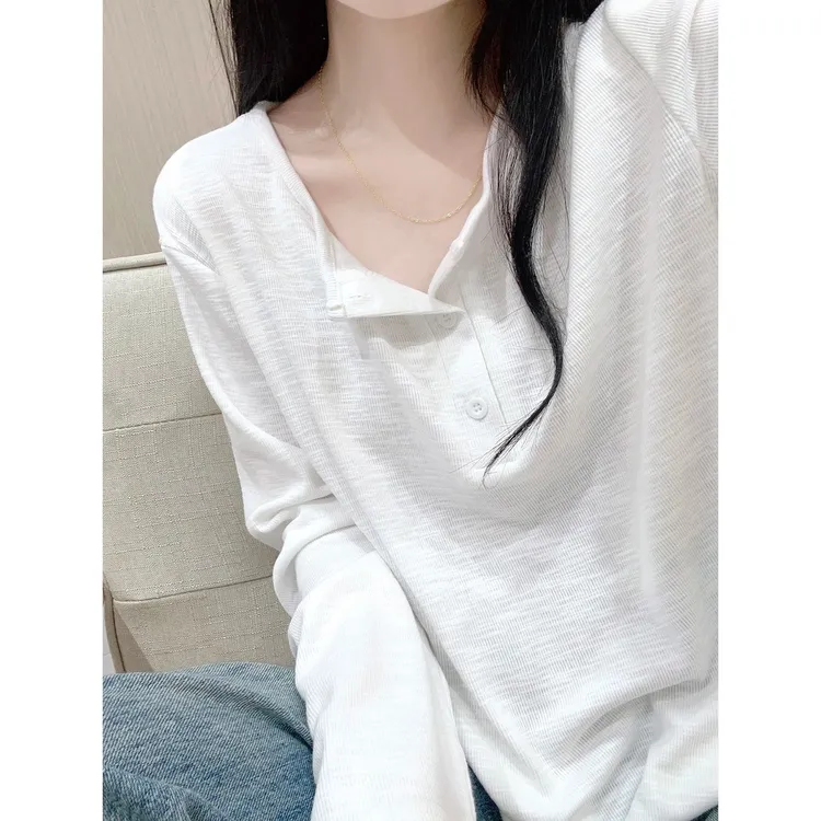 白色竹节棉圆领长袖T恤女秋季新款宽松休闲百搭慵懒风半开领上衣