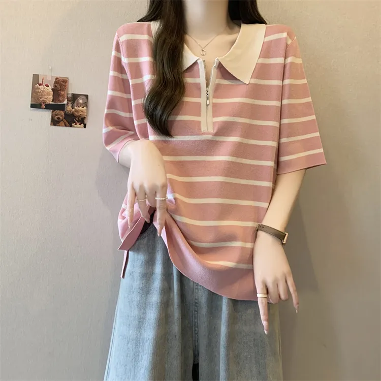 夏季新款胖妹妹polo领条纹针织短袖T恤女大码遮肚子休闲百搭上衣