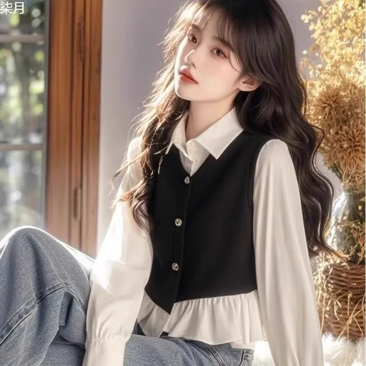 黑色拼接假两件衬衫女2025春季新款设计感小众通勤减龄绝美小上衣