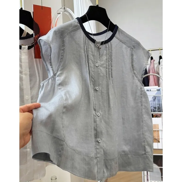 00482韩系无袖衬衫女夏法式气质小衫超好看时尚外穿马甲背心上衣