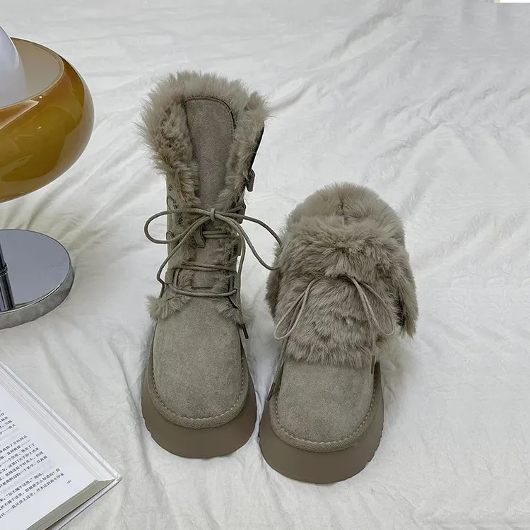 皮毛一体灰色中筒厚底雪地靴女款2025新款冬季加绒棉鞋马丁毛毛靴