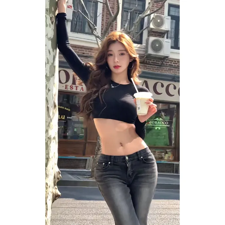 美式高级感辣妹气质长袖T恤2025春夏新款镂空短款上衣女配休闲裤