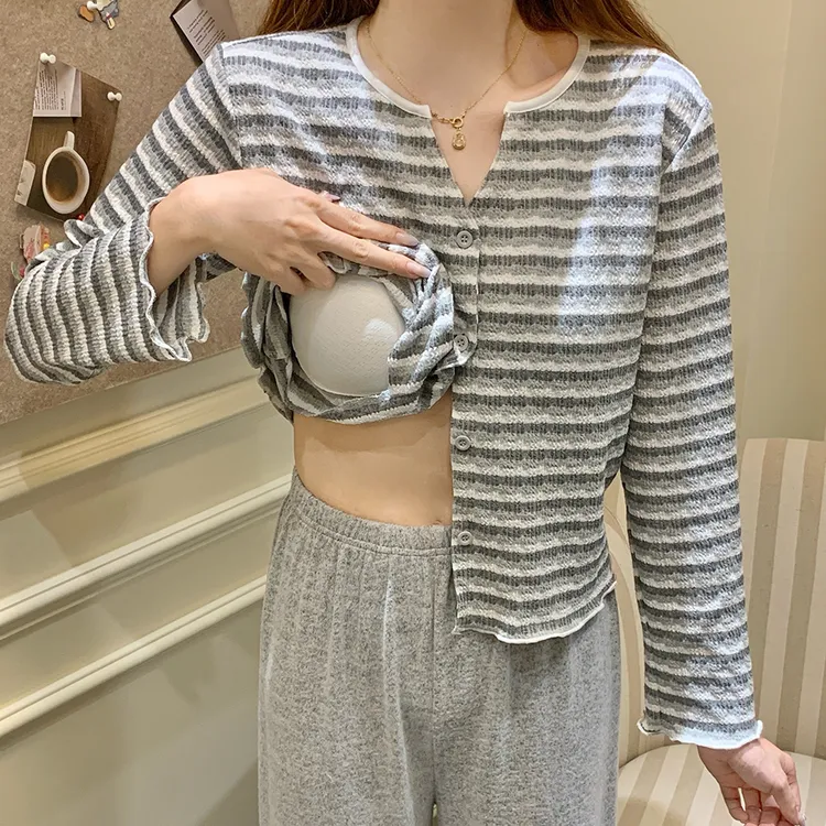 ins韩风条纹带胸垫睡衣女春秋夏季长袖羊绒新款简约家居服两件套