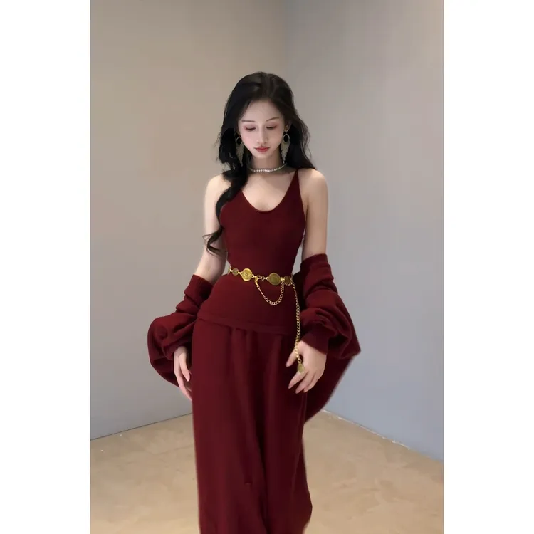 JCC【曲线三件套】秋冬高级感背心针织打底开衫毛衣半裙三件套
