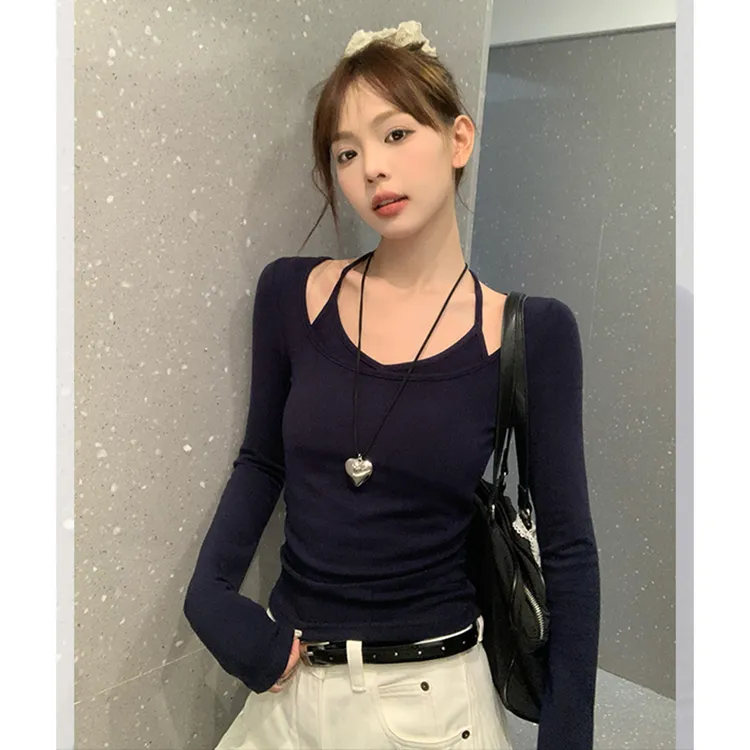 郑大钱专属运补-6￥辣妹挂脖长袖T恤女秋季新款修身内搭假两件显瘦打底衫上衣