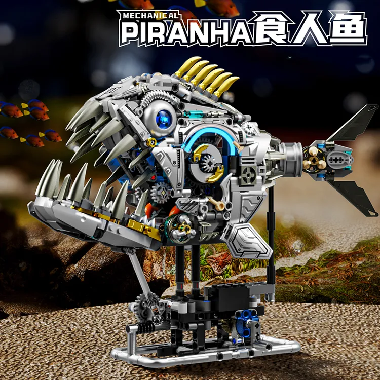 2025新款机械食人鱼积木蒸汽朋克海洋动物拼装玩具模型桌面摆件