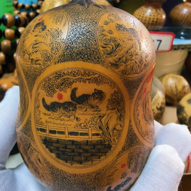 雅青阁葫芦手工针刺微雕墨刻胖墩葫芦蝶猫图28只猫文玩把玩葫芦