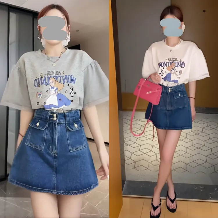 2025夏季韩版网纱泡泡袖圆领短袖T恤上衣显瘦百搭牛仔裙裤套装女