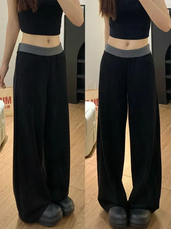 黑色拼接休闲女裤2025秋冬新款宽松气质显瘦窄版直筒阔腿运动卫裤