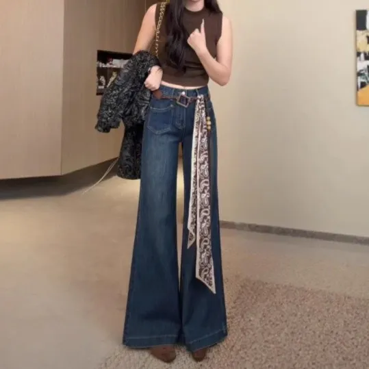 2577#复古蓝弹力秋冬季新款微喇阔腿高腰显瘦宽松喇叭牛仔裤女