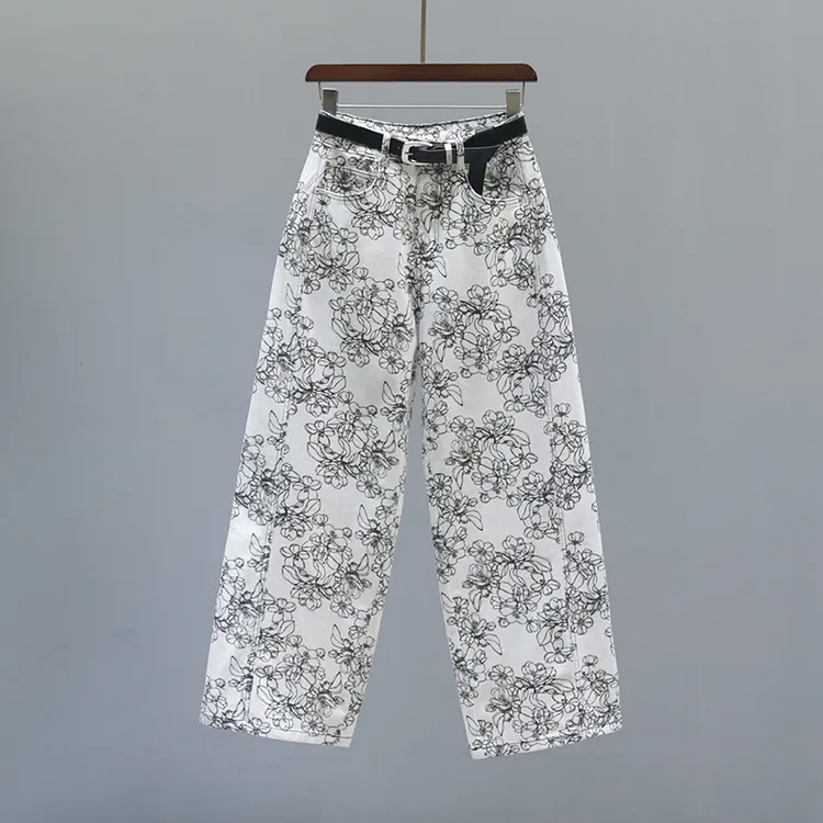 高腰直筒牛仔裤女夏季2025新款欧货宽松休闲刺绣提花阔腿拖地裤子