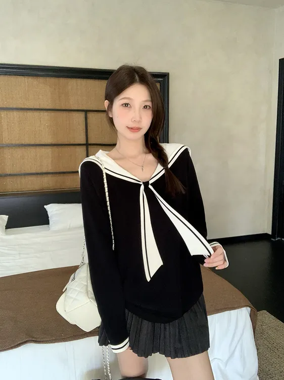 2025秋装新款胖mm大码女休闲学院风海军领俏皮针织毛衣上衣72031