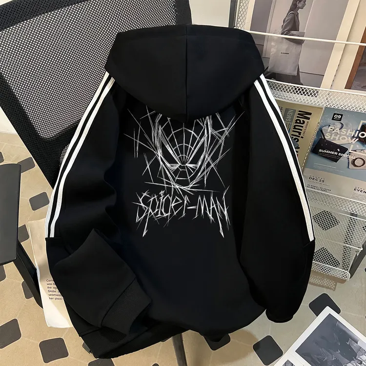 WASSUP UOSNE潮牌复古连帽卫衣男秋季hiphop高街痞帅拉链拼接外套