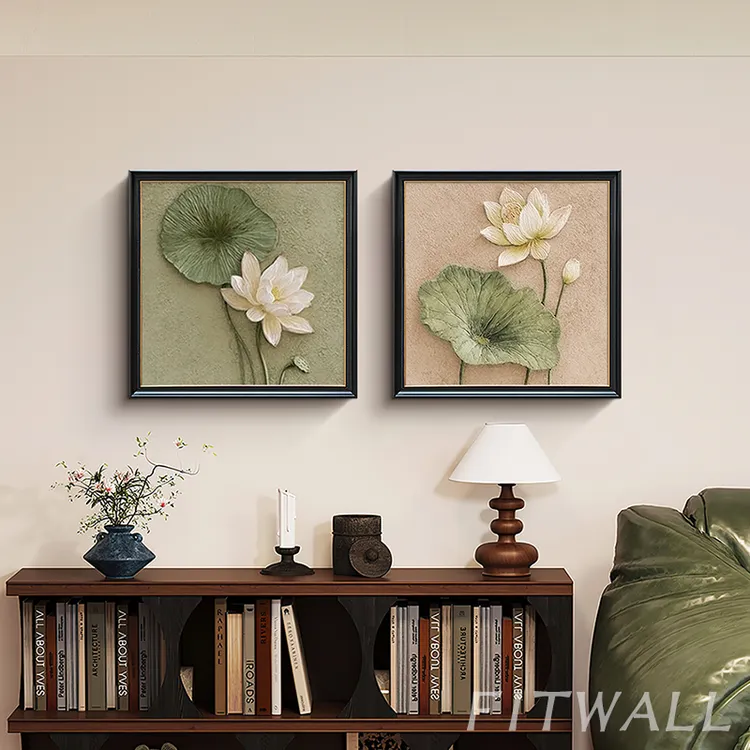 《和气生财》荷花手绘油画中古风客厅背景组合挂画玄关餐厅装饰画