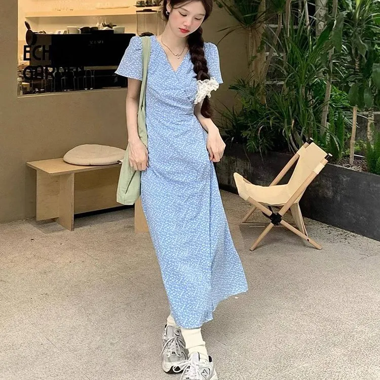 2025新款夏季碎花法式紫色格子连衣裙中长款蓝色拼接收腰女士气质