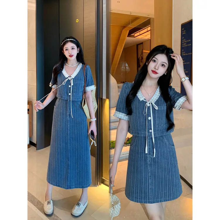 3016#大码夏季新款胖MM法式V领复古牛仔连衣裙闺蜜裙