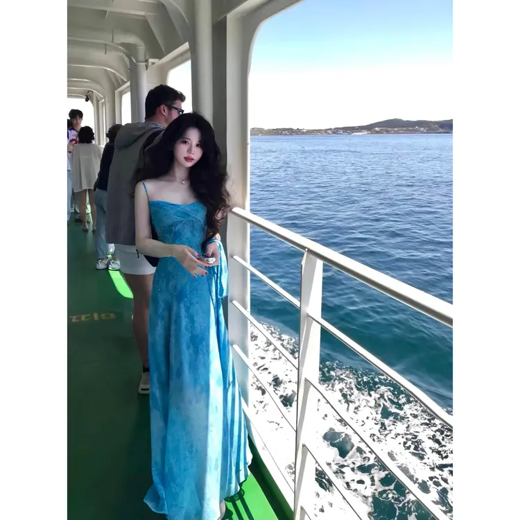 FlowerYuan 海的女儿 蓝色日奢风长裙法式小众连衣裙吊带夏季印花