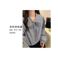 （麦欢尼） 25019-“彩色系蝴蝶结衬衣”韩版纽扣圆领长袖衬衣       