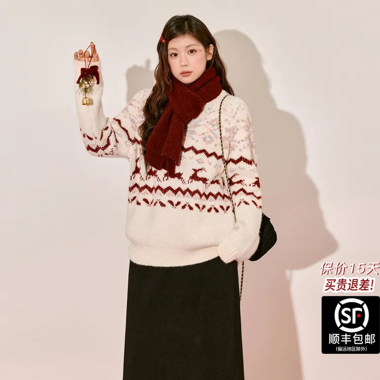 蓝语大码落肩慵懒圆领套头圣诞毛衣女2025冬季新款宽松显瘦上衣