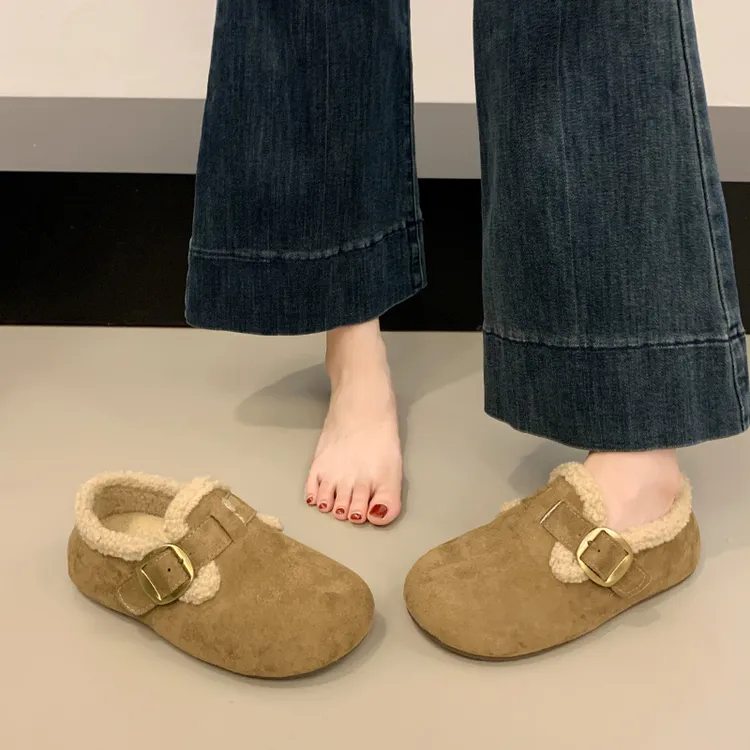 秋冬女士丑萌勃肯鞋2025新款厚底加绒保暖棉鞋一脚蹬毛毛鞋乐福鞋