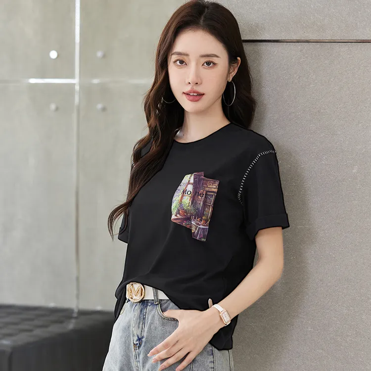 黑色欧货落肩短袖t恤女装夏季纯棉2025新款设计感小众宽松上衣潮