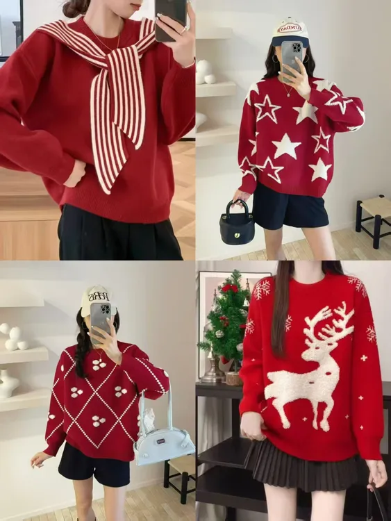 （爆款推荐）新年战袍红色洋气针织网红时尚圆领百搭慵懒风休闲  