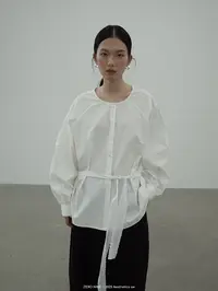 米古古ZERO NINE # 8070#福 韩版休闲慵懒花边腰带衬衣（衣长67.5）