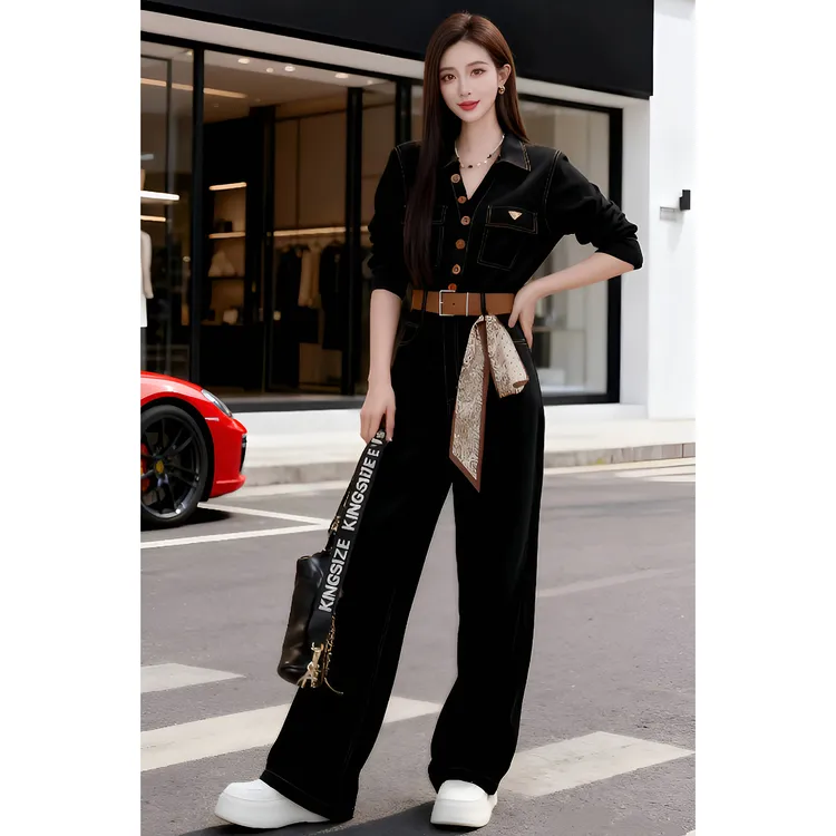 复古气质翻领长袖连体裤女2025春秋新款设计感减龄收腰显瘦直筒裤