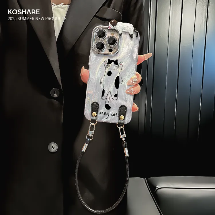 奶牛猫公仔适用苹果15华为vivo/oppo小米iPhone16精孔羽纱手机壳