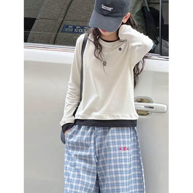K29246撞色女童长袖T恤2025秋装新款儿童上衣大童春秋休闲打底衫t