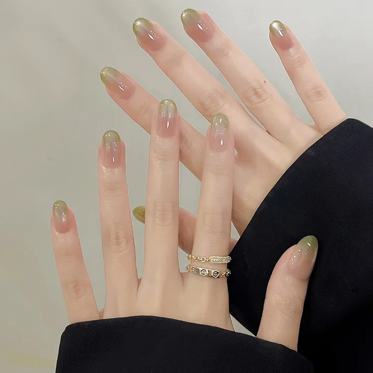 米哩米手工穿戴美甲短款推荐2025爆款高颜值清新青提猫眼山野春光