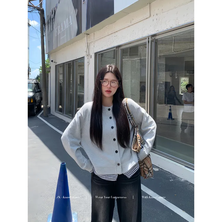 【憨娜专属】知葵微胖定制【见习生】初秋韩版假两件格子拼接短外套12253D1569