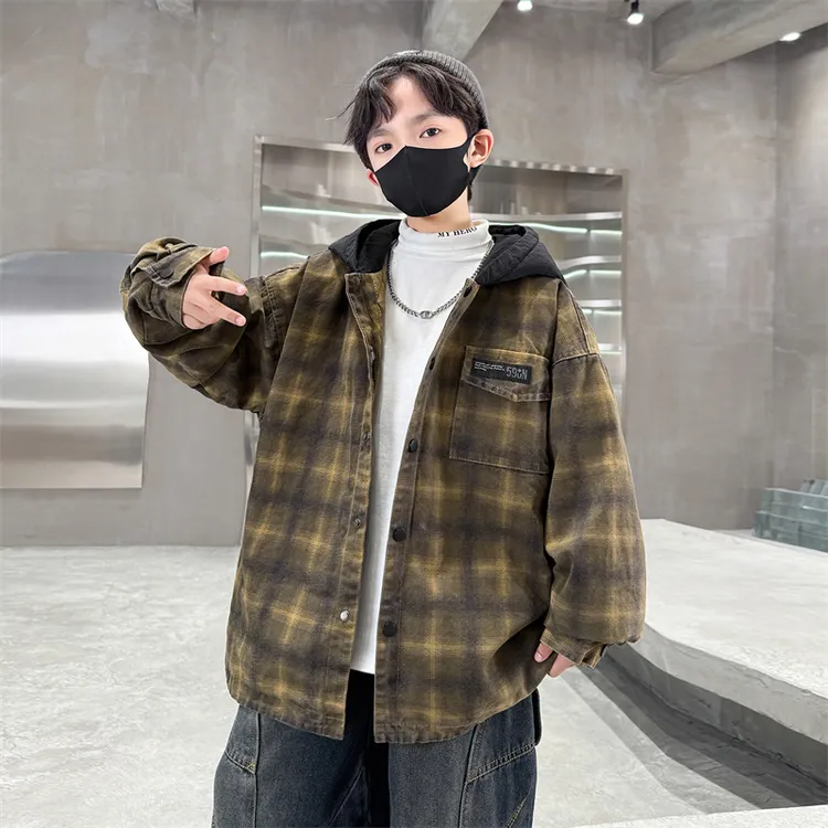 男童秋冬款外套夹棉加厚2025新款中大童冬装儿童冬季连帽格子上衣