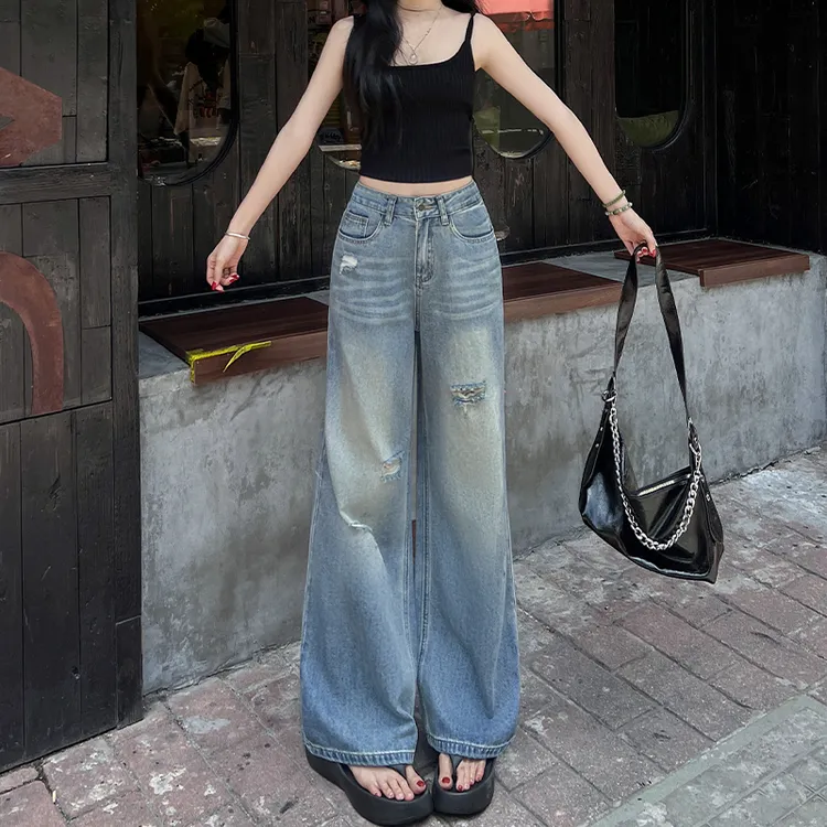 小个子辣妹美式破洞直筒牛仔裤女2025秋季新款高腰显瘦窄版阔腿裤