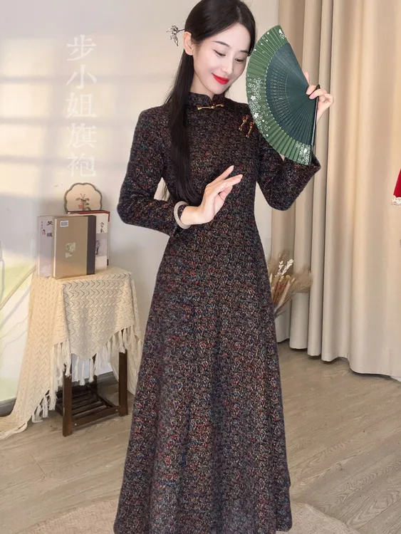 （步小姐-星星）秋冬复古显瘦气质法式不开叉七片旗袍裙端庄旗袍裙