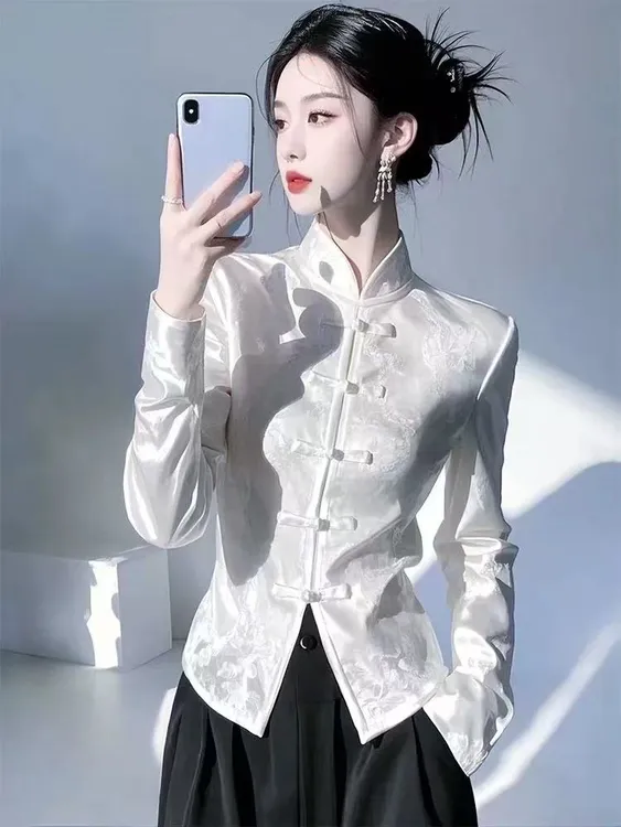 SS817高级白色缎面提花立领长袖衬衫女春独特别致盘扣新中式上衣