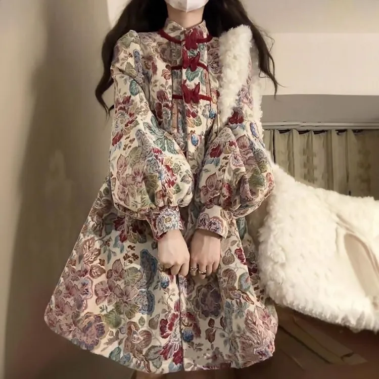 2025新战袍复古宫廷风蝴蝶结印花连衣裙子女宽松娃娃公主短裙子潮
