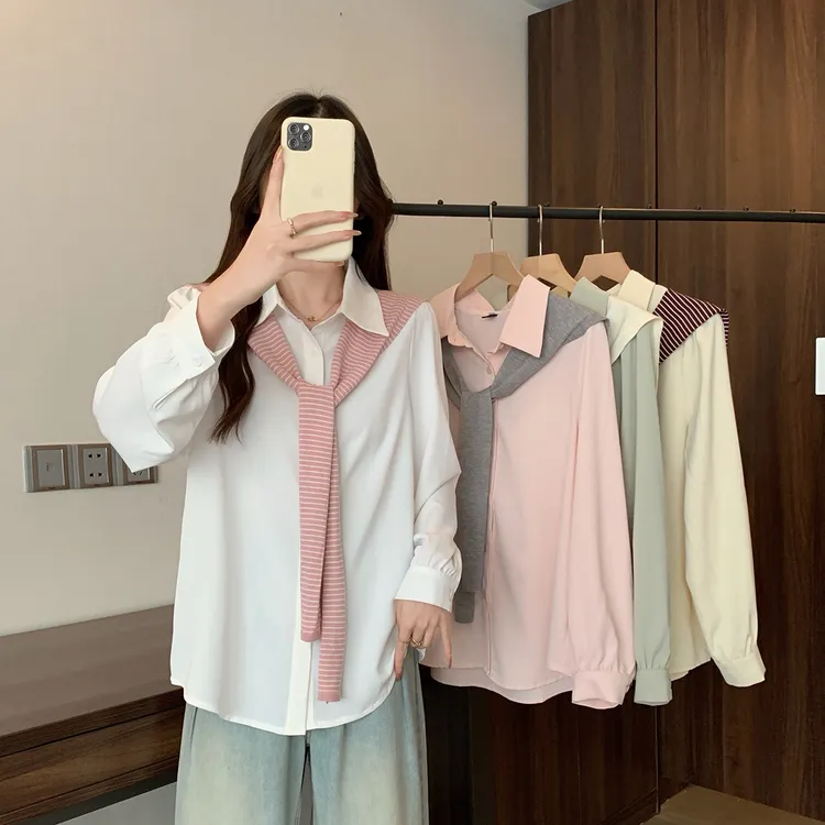 大码女装2025年秋季气质披肩时尚显瘦衬衫两件套装D0168+62158